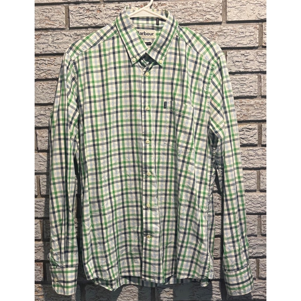 Barbour Tailored Fit Plaid Button Down Shirt Mens Medium Green Blue MSH3225NY91